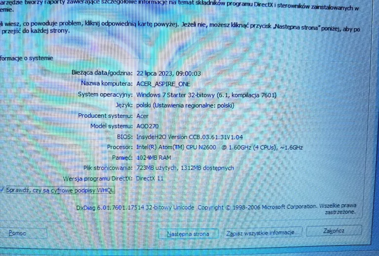 LAPTOP ACER ASPIRE ONE D270 + ZASILACZ TORBA