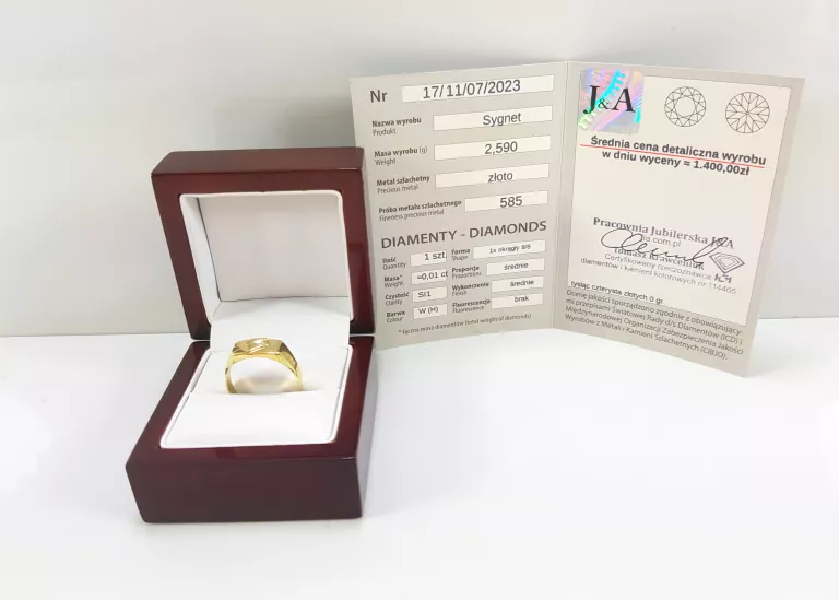 ZŁOTY ELEGANCKI MĘSKI SYGNET 585 Z DIAMENTEM ROZMIAR 24 CERTYFIKAT