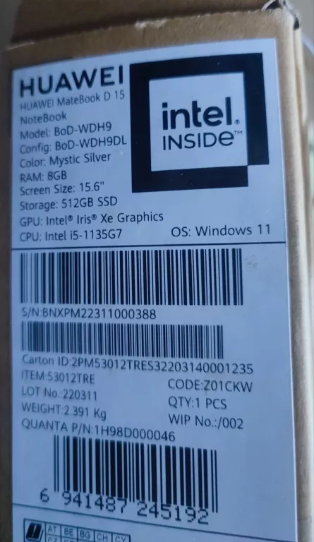 LAPTOP HUAWEI MATEBOOK D 15 8/512GB I5 WIN11 !