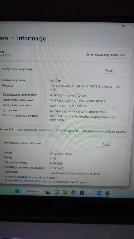 LAPTOP HUAWEI MATEBOOK D 15 8/512GB I5 WIN11 !
