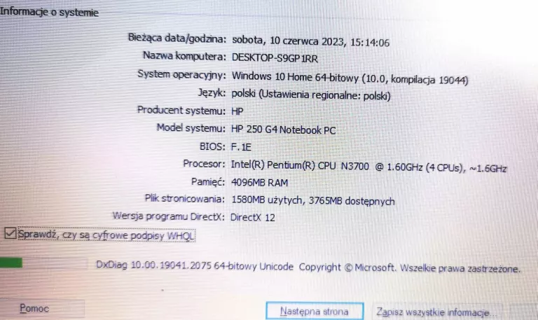 LAPTOP HP 250 G4 N3700 4/500GB WIN10 INTEL PENTIUM