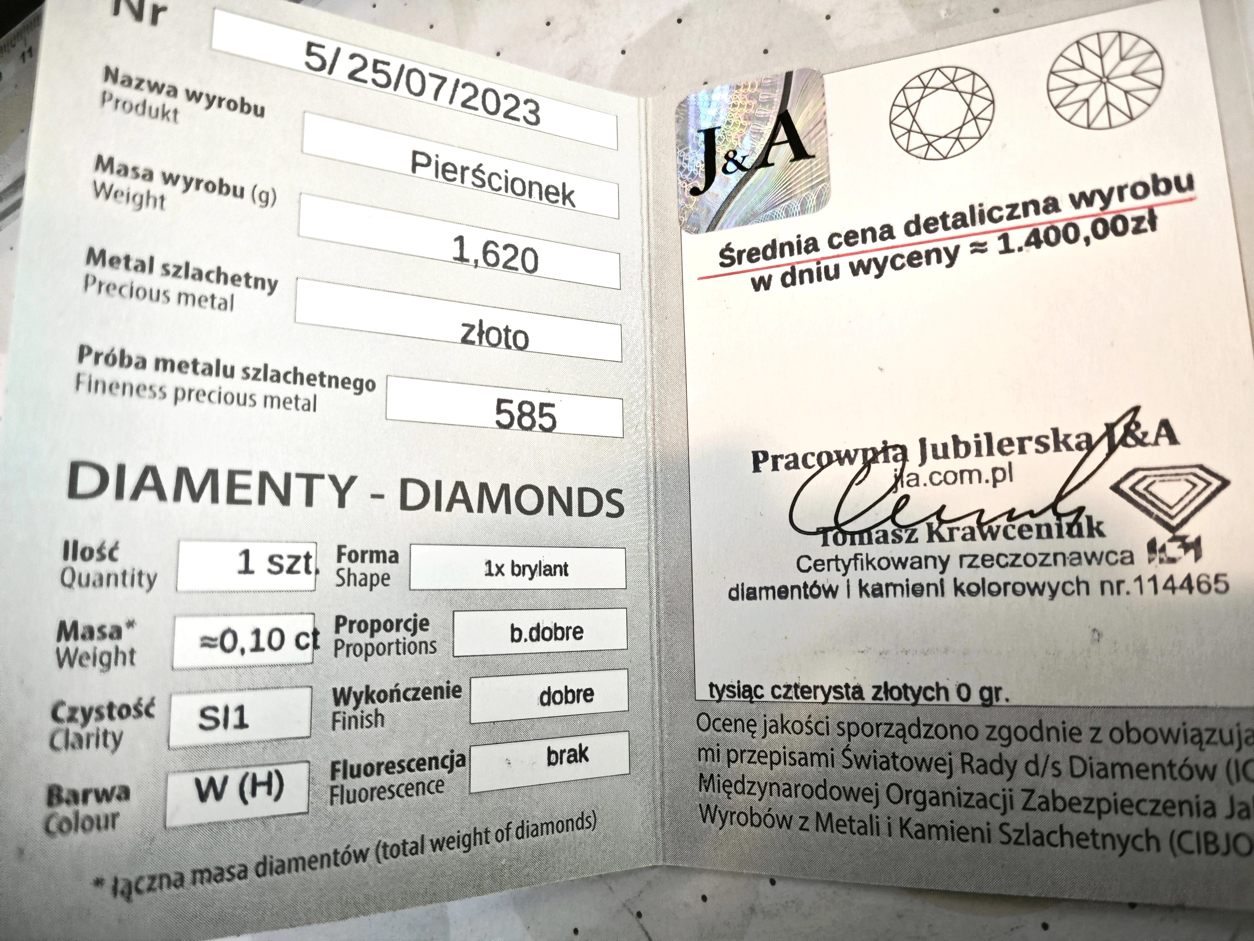 zloty-pierscionek-z-brylantem-585164g-01ct-r13-stan-11323-2