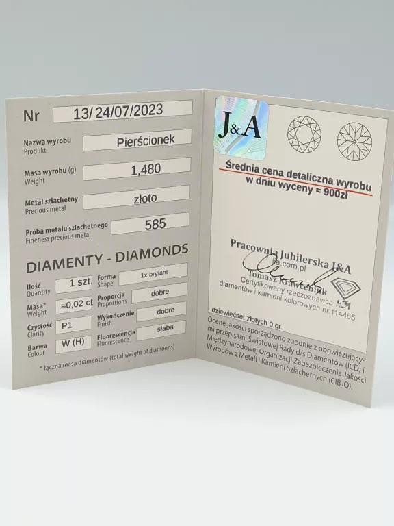 ZŁOTY PIERŚCIONEK DIAMENT 585 1,49G R:18 BRIJU