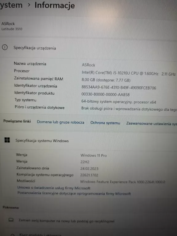 CZYTAJ OPIS!!! LAPTOP DELL LATITUDE 3510  I5 /  8 / 237GB