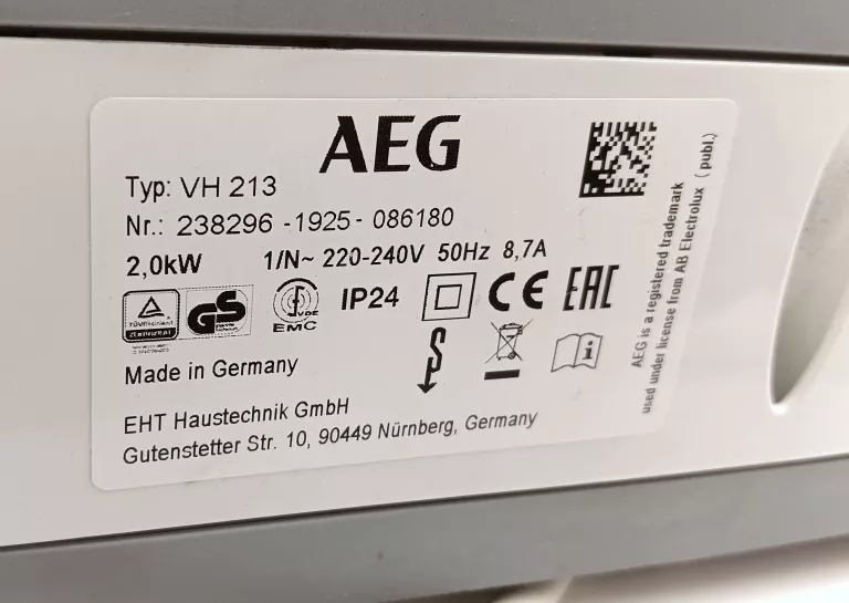 TERMOWENTYLATOR GRZEJNIK ŁAZIENKOWY AEG VH 213