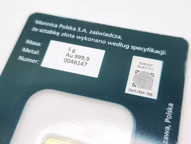 SZTABKA ZŁOTA – MENNICA POLSKA – 5 G AU 999,9