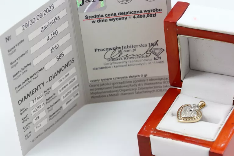 ZŁOTA ZAWIESZKA 585 NIEMIECKIEJ MARKI MONCARA DIAMENTY 0,52CT CERTYFIKAT