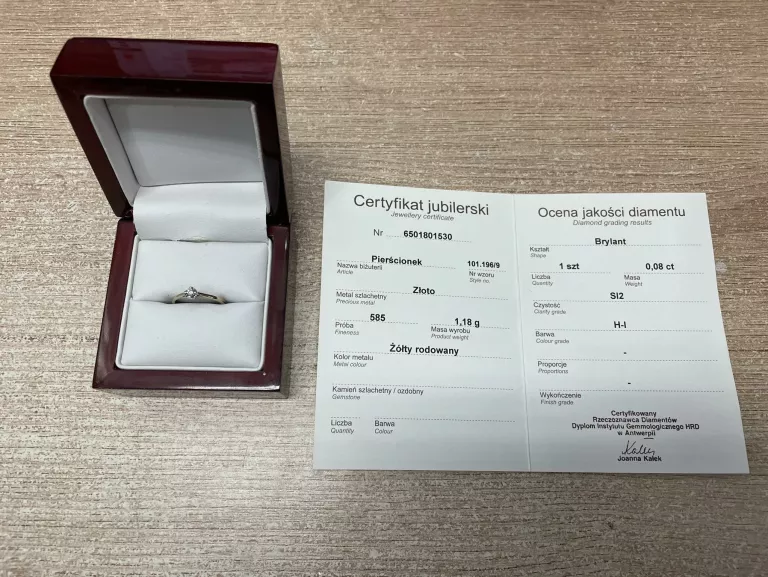 ZŁOTY PIERŚCIONEK Z DIAMENTEM + CERTYFIKAT APART