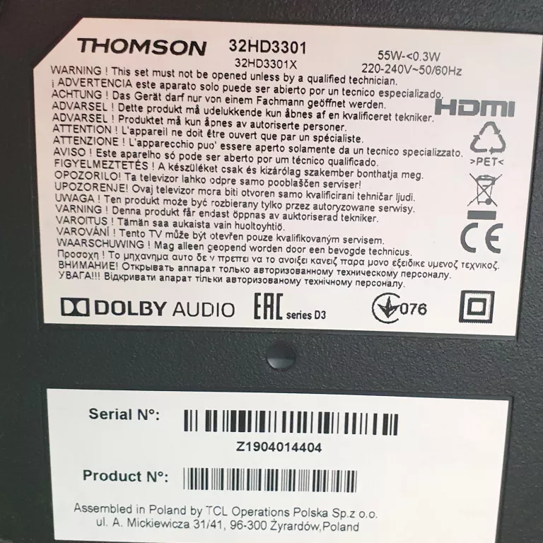 TELEWIZOR THOMSON 32HD3301 PILOT