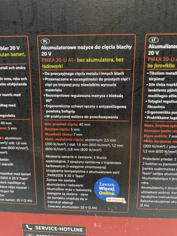 NOŻYCE DO CIĘCIA BLACHY 20V PARKSIDE PMKA 20-LI A