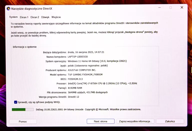LAPTOP ASUS TUF FX504GM I7 2,2 GHZ 8/256+500 GB