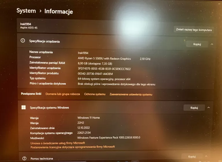 LAPTOP ACER ASPIRE 5 A515-45 RYZEN 5 8/512GB SSD