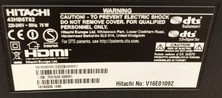 TELEWIZOR HITACHI 43HB6T62 DVB-T2, SMART TV+PILOT