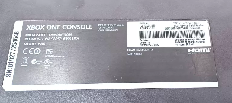 KONSOLA XBOX ONE 1540 1TB+1 PAD+KINECT+PUDEŁKO