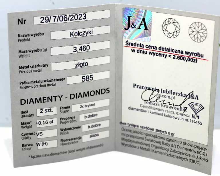 ZŁOTE KOLCZYKI Z DIAMENTAMI BRYLANTY 0,16CT 3,45G 585 CERTYFIKAT
