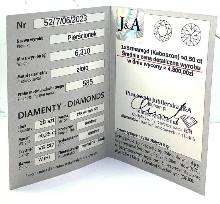 ZŁOTY DAMSKI SYGNET Z NATURALNY SZMARAGD DIAMENTY ROZMIAR 25 CERTYFIKAT