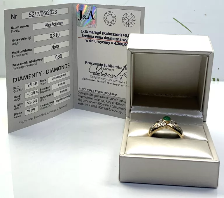 ZŁOTY DAMSKI SYGNET Z NATURALNY SZMARAGD DIAMENTY ROZMIAR 25 CERTYFIKAT