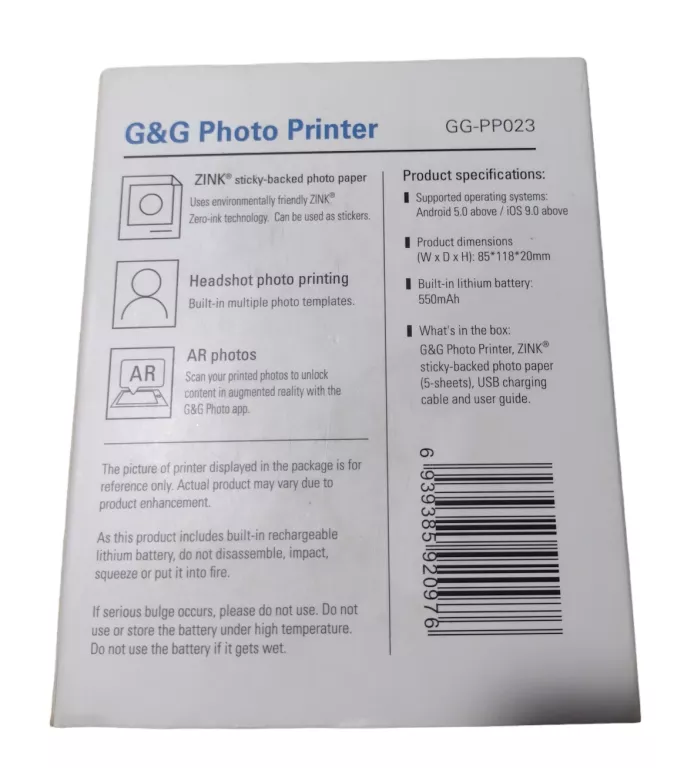 G&G PHOTO PRINTER MINI DRUKARKA DO ZDJĘĆ ZINK