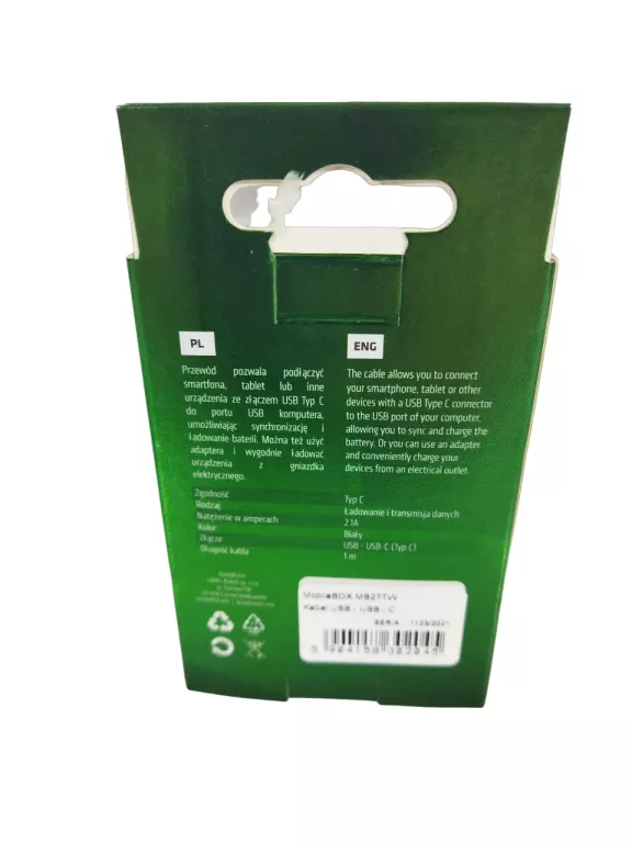 MOBILEBOX KABEL USB - USB TYP-C 1M 2.1A BIAŁY