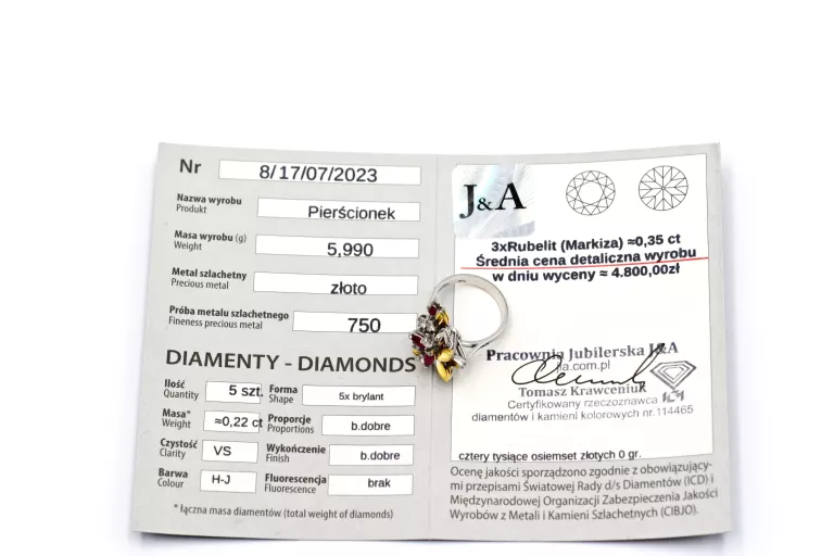ZŁOTY RETRO PIERŚCIONEK Z DIAMENTAMI I RUBELITEM
