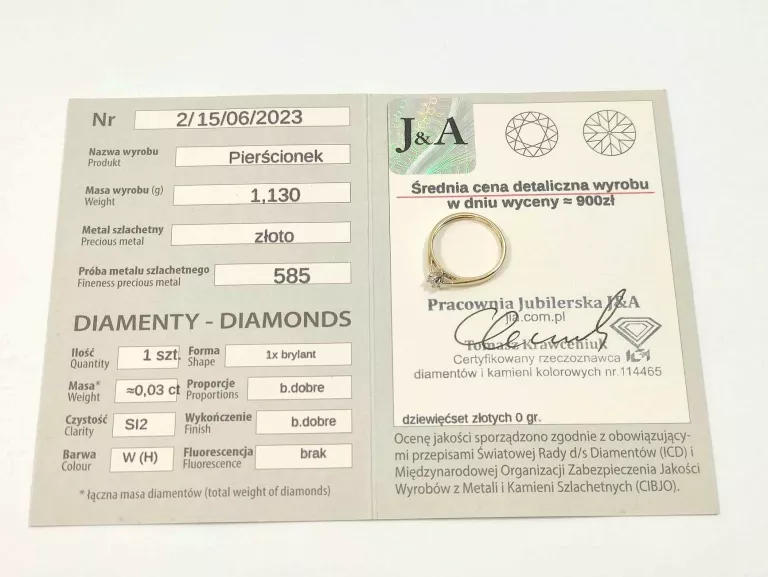PIERŚCIONEK ZARĘCZYNOWY Z BRYLANTEM 1,13G 585 R8