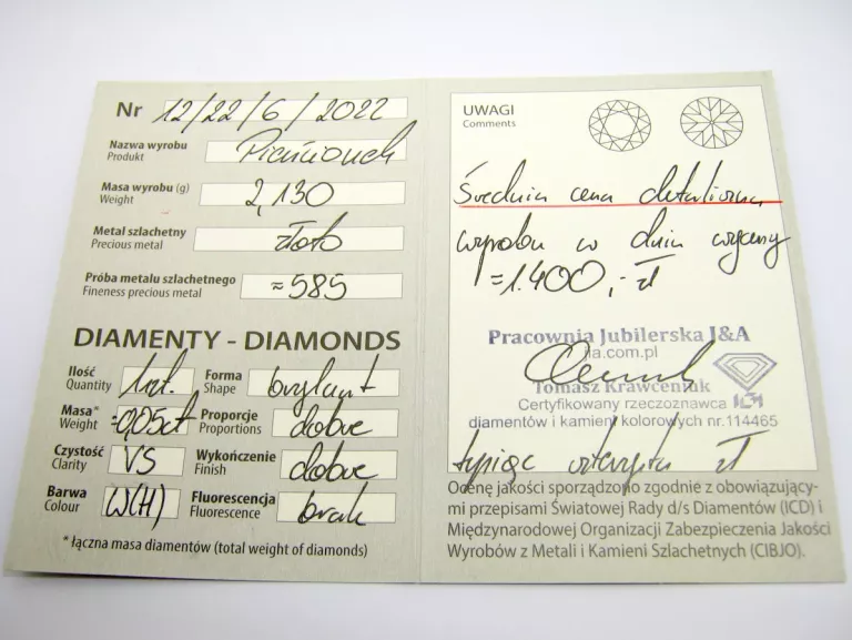 CUDOWNY PIERŚCIONEK Z BRYLANTEM PR 585 R18 2,13G