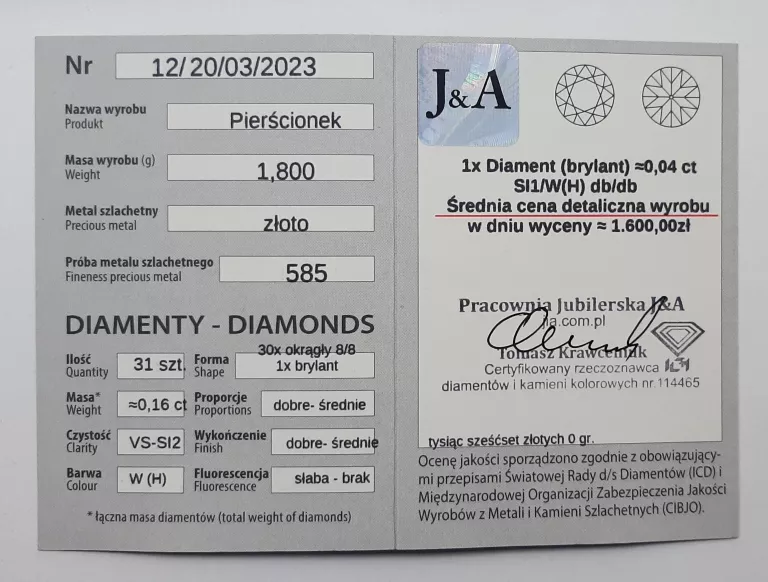 ZŁOTY PIERŚCIONEK Z BRYLANTAMI PR585 1,80G R13