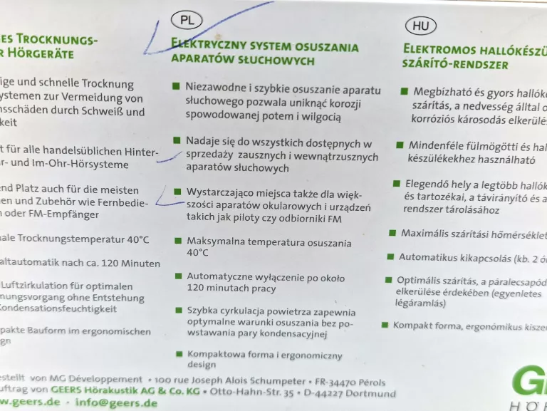 GEERS SYSTEM OSUSZANIA APARATÓW SŁUCHOWYCH ITP