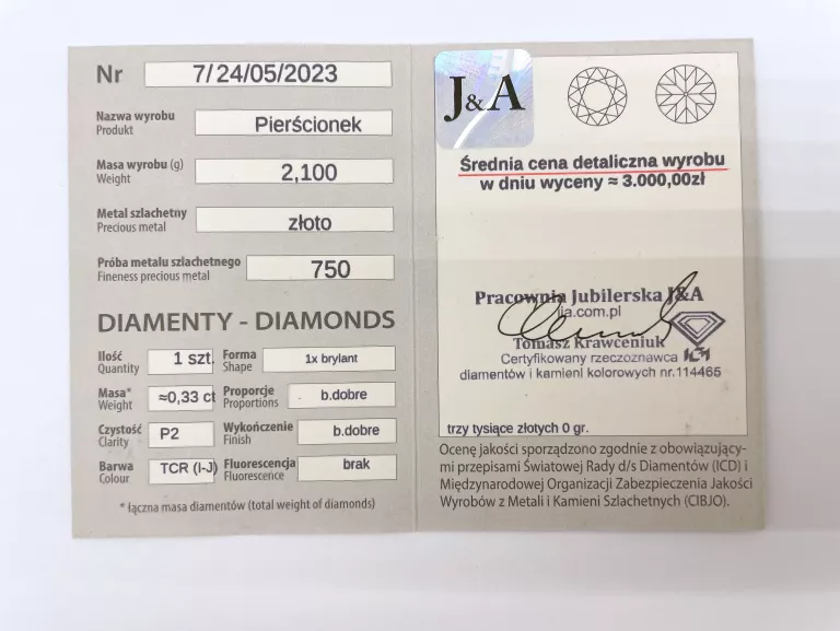 BIAŁE ZŁOTO PIERŚCIOENK Z BRYLANTEM 750 R.14 2,10G