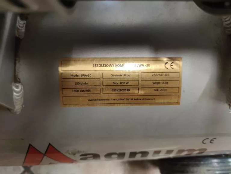 KOMPRESOR BEZOLEJOWY MAGNUM JWA-30 30L 8 BAR 800W