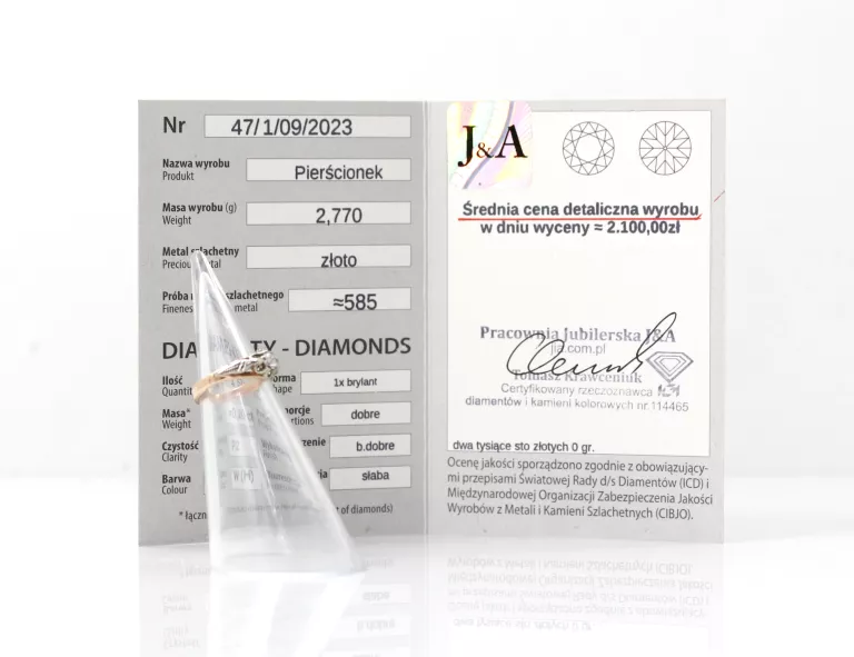 ZŁOTY PIERŚCIONEK 585 ART DECO DIAMENT BRYLANT 0,2CT ROZMIAR 11 CERTYFIKAT