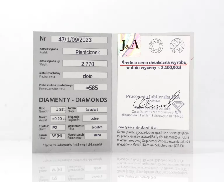 ZŁOTY PIERŚCIONEK 585 ART DECO DIAMENT BRYLANT 0,2CT ROZMIAR 11 CERTYFIKAT