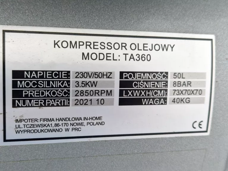 KOMPRESOR OLEJOWY SPRĘŻARKA TAGRED TA360 10 BAR