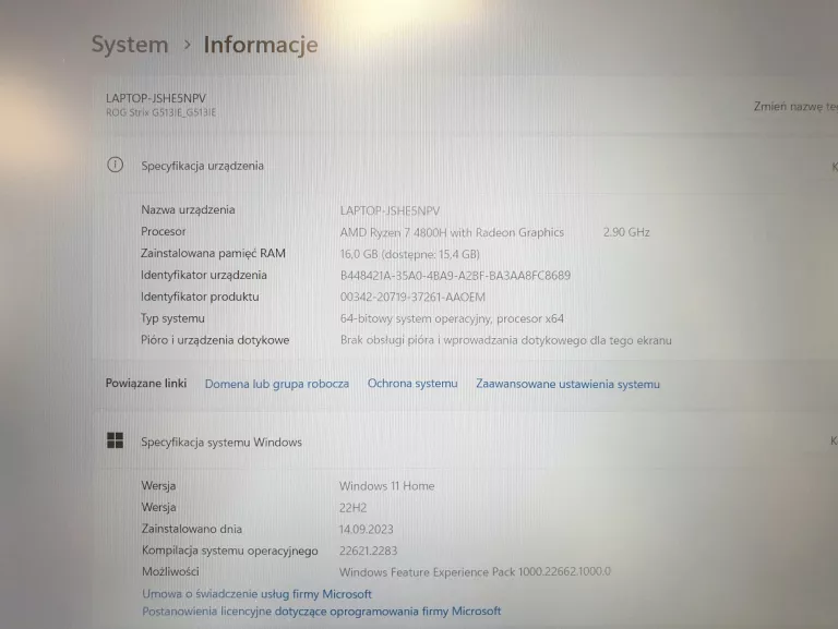 LAPTOP ASUS ROG STRIX G15 G513 R7/16GB/512GB/W10