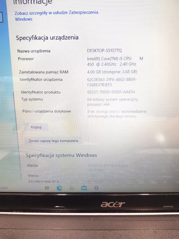 LAPTOP ACER ASPIRE 5742G BEZ KLAWISZA