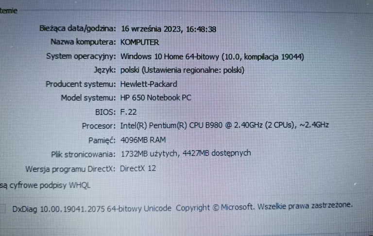 HP 650 PENTIUM B980/4GB RAM/500GB/WIN10 BATERIA!!