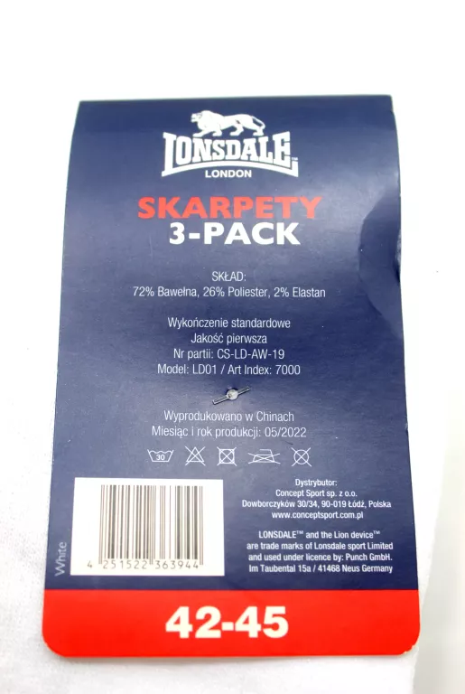 LONSDALE SNEAKER SKARPETY BIAŁE 3 PACK R. 42-45