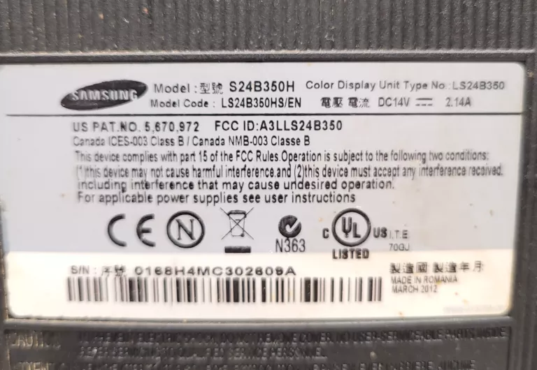 MONITOR LED SAMSUNG S24B350H 24CALE FULL-HD - BRAK ZASILACZA