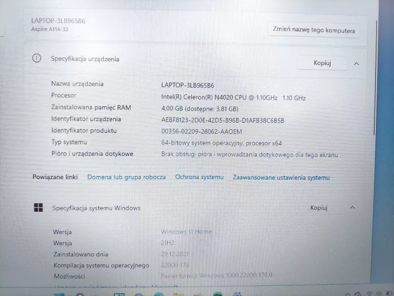 LAPTOP ACER ASPIRE 1 A114-32 Z ŁADOWARKĄ