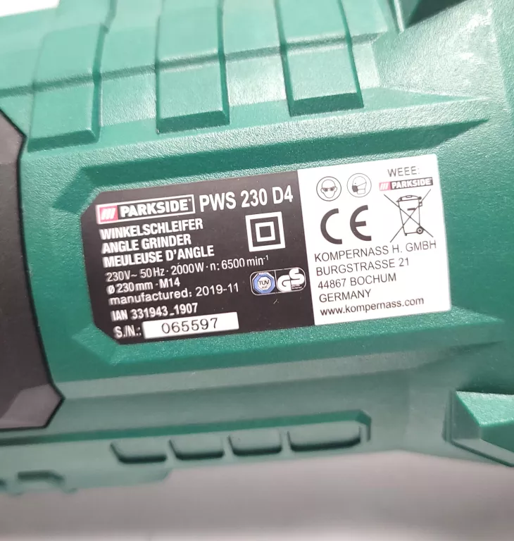 szlifierka-katowa-parkside-pws-230-d4-uszkodzona-rodzaj-zasilania-sieciowe