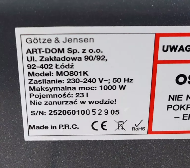 KUCHENKA MIKROFALOWA GÖTZE & JENSEN MO801K