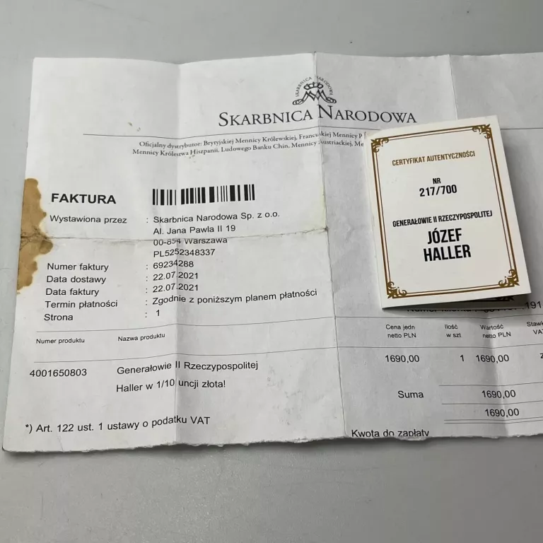 ZŁOTA MONETA JÓZEF HALLER PR. 999 5 DOLLARS
