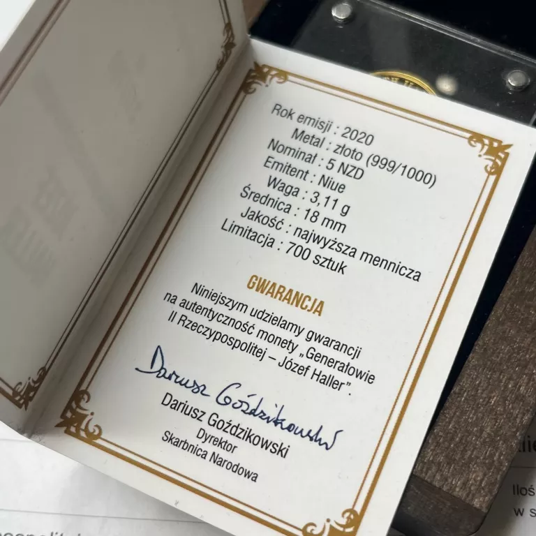 ZŁOTA MONETA JÓZEF HALLER PR. 999 5 DOLLARS