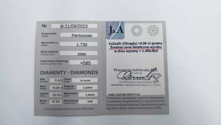 WYRÓB JUBILERSKI PIERSCIONEK 585 DIAMENTY + SZAFIR