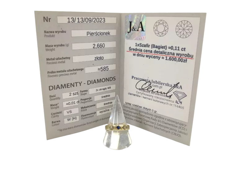 ZŁOTY PIERŚCIONEK 585 ROZMIAR 17 NATURALNY SZAFIR DIAMENTY CERTYFIKAT