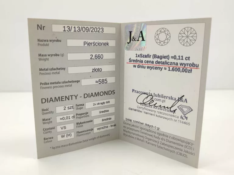 ZŁOTY PIERŚCIONEK 585 ROZMIAR 17 NATURALNY SZAFIR DIAMENTY CERTYFIKAT