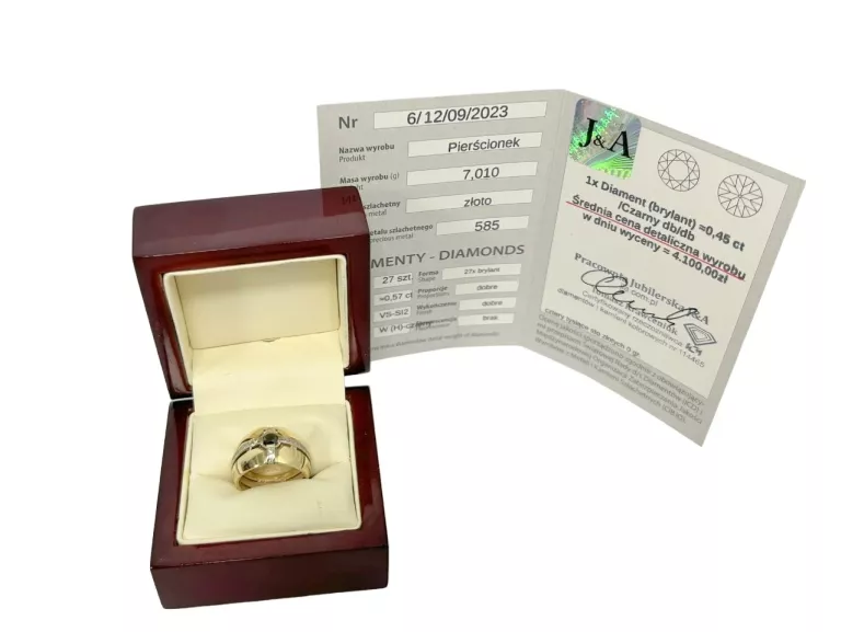 ZŁOTY 585 SYGNET OBRĄCZKA R16 CZARNY DIAMENT BRYLANT CERTYFIKAT DIAMENTY