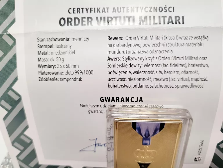 ORDER VIRTUTI MILITARI CERTYFIKAT