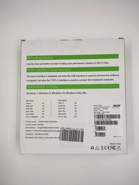 ACER NAPĘD ZEWNĘTRZNY NAGRYWARKA CD DVD-RW USB-C