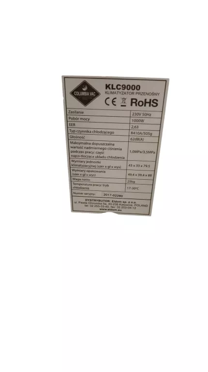 KLIMATYZATOR COLUMBIA VAC KLC9000 POLECAMY !